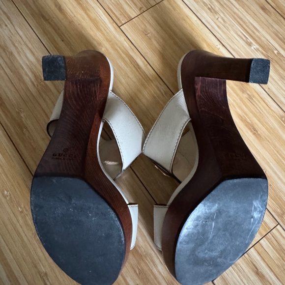 Gucci 1973 Saddle Leather T-strap Wood Platform Clog Sandals White 39 9 - Picture 8 of 11